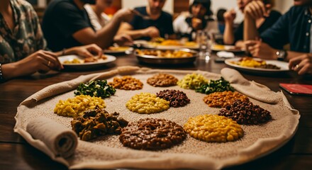 Diverse food selection on a large platter with people gathered around