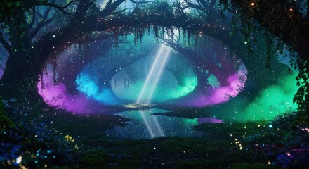 Mystical forest opening with vibrant colors, reflecting light in a serene fantasy landscape