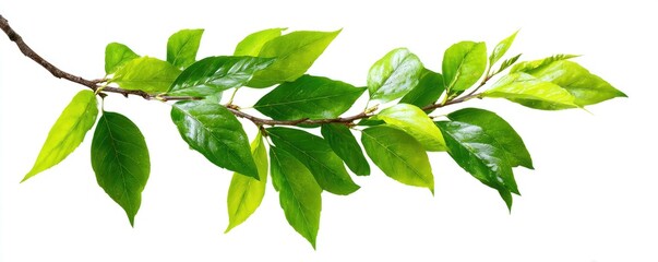 A branch with vibrant green leaves extends against a white background
