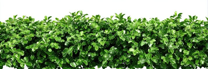 Dense, vibrant green hedge, full of small leaves, against a white background