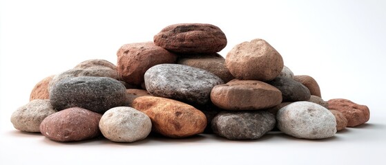 A pile of rounded stones in various shades of brown, gray, and beige