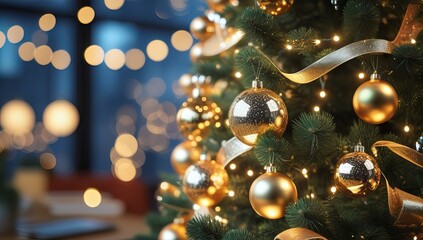 Elegant Office Christmas Tree with Golden Ornaments and Warm Fairy Lights

