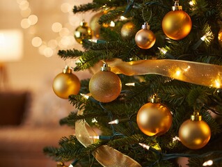 Elegant Office Christmas Tree with Golden Ornaments and Warm Fairy Lights
