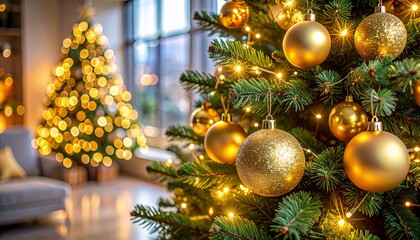 Elegant Office Christmas Tree with Golden Ornaments and Warm Fairy Lights
