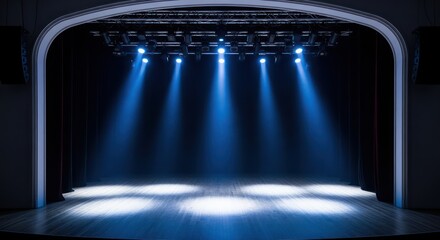 Captivating stage ambiance with illuminated blue spotlights awaiting a performance spectacle