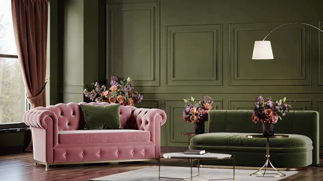 Luxurious Interior Design of a Velvet Living Room Featuring Pink Tufted Sofas and Olive Green Walls