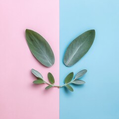 Obraz premium Two light green leaves arranged to resemble bunny ears, positioned on a pink and blue background