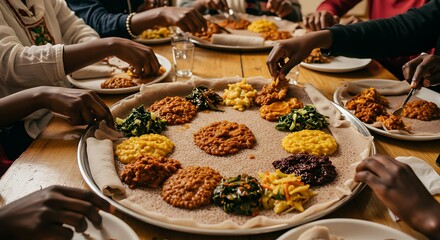 Diverse group sharing a meal with various dishes on a wooden table