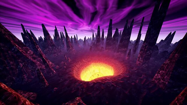 Dramatic Fantasy Landscape Featuring a Glowing Volcanic Crater Ringed by Jagged Dark Rock Spires Under a Purple Sky