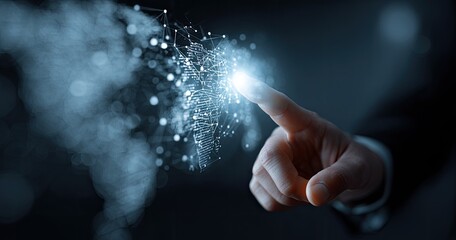 A hand points to a glowing, interconnected network, reminiscent of a global digital map