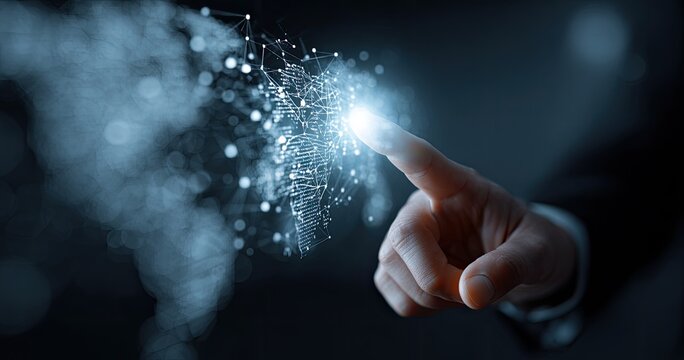 A hand points to a glowing, interconnected network, reminiscent of a global digital map