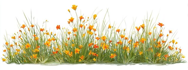 A vibrant display of orange and yellow wildflowers in a grassy meadow