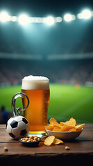 Stadium Refreshment Still Life with Beer, Snacks and Soccer Ball