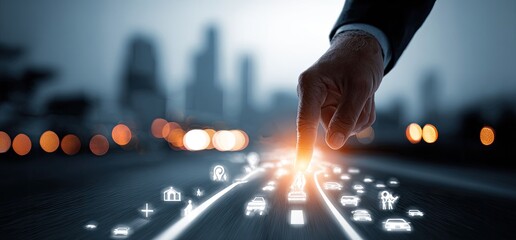 A hand points to a digital road map overlaid on a city street