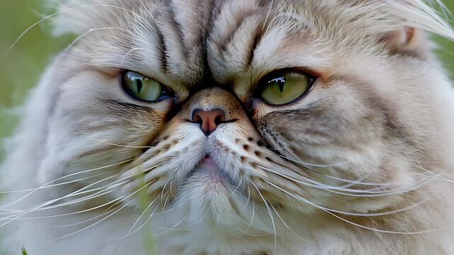 Extremely close-up portrait of a fluffy silver tabby cat with a deeply serious and grumpy expression outdoors