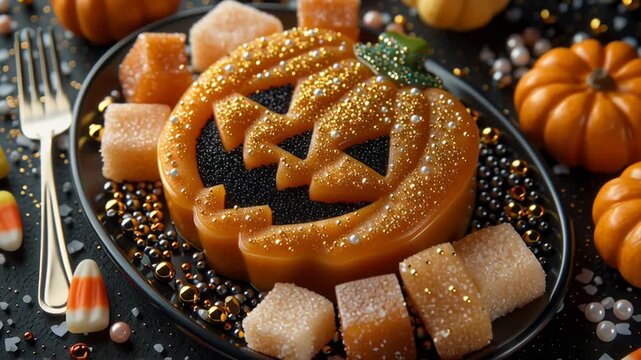 Festive Halloween dessert platter with a pumpkin jack-o'-lantern jelly. Close-up of sweet candy and glitter on a party table. Holiday treat and celebration concept.