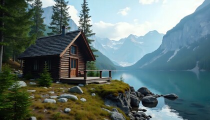 Fototapeta premium A small cabin sits on the shore of a mountain lake.