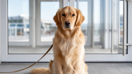 Golden retriever with leash indoors
