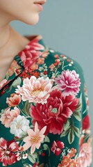 Close-up of a woman's shoulder, showcasing a vibrant floral shirt.