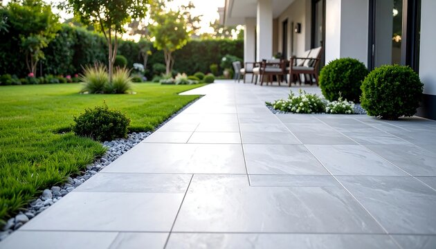 Modern patio with manicured landscaping