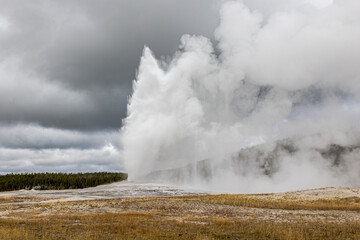 Witness the power of nature at Old Faithful geyser erupting in Yellowstone National Park under a...