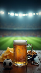 Atmospheric Mug of Lager with Snacks at a Football Stadium Event