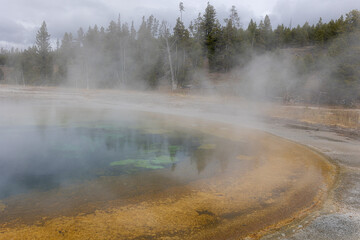 Ethereal beauty of Yellowstone's misty hot springs with vibrant colors, perfect for travel...