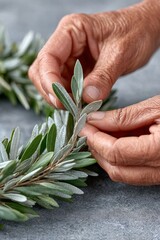 Close-up of aged hands carefully arranging fresh olive branches into a natural wreath on a gray stone surface