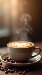 Warm and Inviting Coffee Still Life with Heart Latte Art and Beans