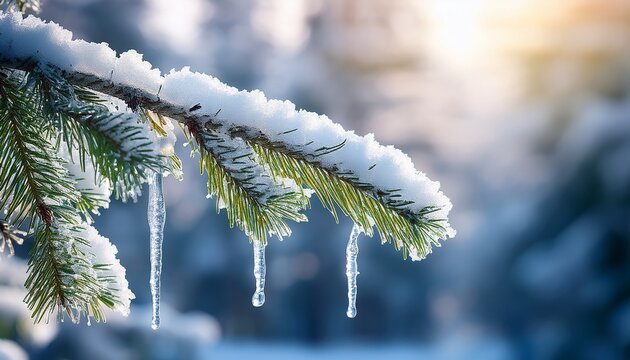 Close Up Of Fir Tree Branches Covered With Melting Snow And Icicles In Morning Winter Forest Real Spring Winter Background
