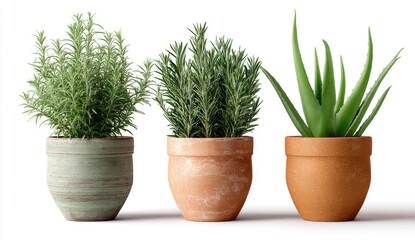 Fototapeta premium Three potted herbs against white