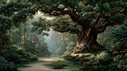 Obraz premium A sacred bodhi tree in a peaceful forest clearing, softly lit by golden sunlight. Lush, quiet, and spiritual—ideal for mindfulness, reflection, or natural serenity themes with copy space.