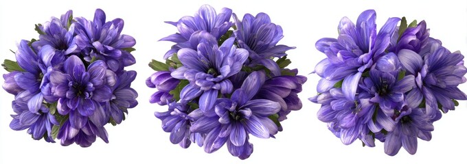 Three clusters of vibrant purple flowers, isolated on a white background