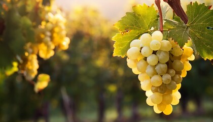 Fototapeta premium White Grapes On Vine Close Up Against Blurred Vines Background