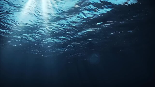 A dark, sleek military nuclear submarine patrolling the deep blue depths of the cold ocean