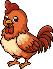 Colorful rooster standing proudly with bright feathers and happy expression.