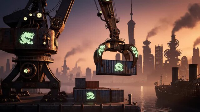 Industrial harbor with a large crane lifting a shipping container with a dragon logo, with a city skyline and smokestacks in the background, depicting a steampunk-inspired scene of global trade.
