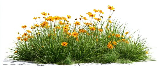 Dense cluster of vibrant yellow flowers amongst lush green grass