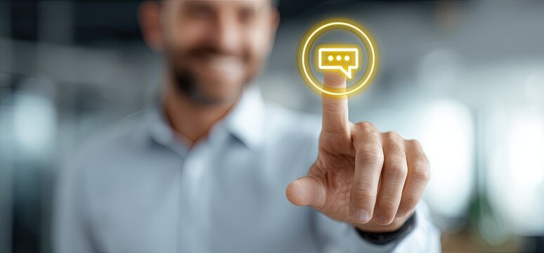 A man's finger hovers over a glowing chat icon