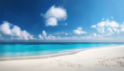 Fototapeta premium A Painted Landscape Of A White Sandy Beach With Blue Water And Fluffy Clouds In A Clear Sky