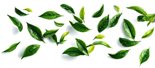 Naklejka premium Fresh tea leaves scattered on a white background