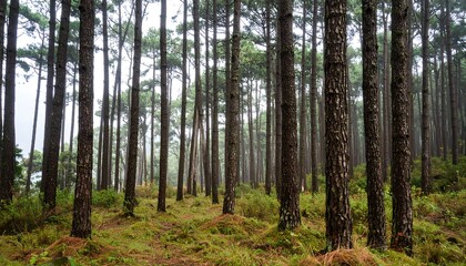 Misty forest of tall pine trees