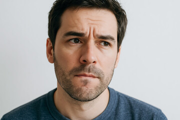 Obraz premium Thoughtful man with a contemplative expression looking upward on a neutral background. concept of pondering, reflection, thoughtful mood