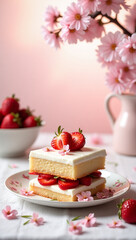 Elegant Dessert Display Featuring Strawberry Shortcake with Pink Floral Accents