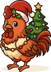 Festive rooster wearing a red hat, standing next to a decorated tree with ornaments.