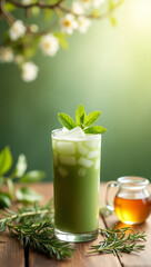 Refreshing and Appetizing Green Matcha Latte with Mint on a Wooden Table