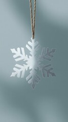 A shimmering silver snowflake ornament hanging against a cool, blurred background.