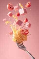 Pasta with ham and tomato, suspended in mid-air on a fork, against a pink background.  Golden sprinkles add visual interest