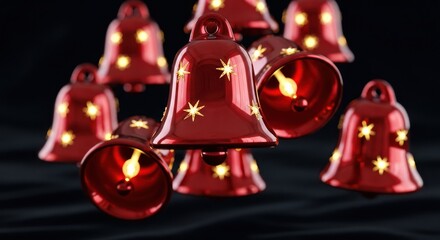 A festive display of holiday spirit with shimmering red bells adorned with stars on black