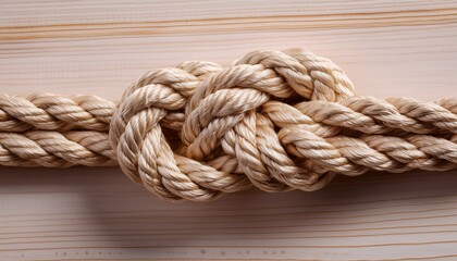 Fototapeta premium Close Up Of A Beige Rope Knot On Light Wooden Surface Vertical